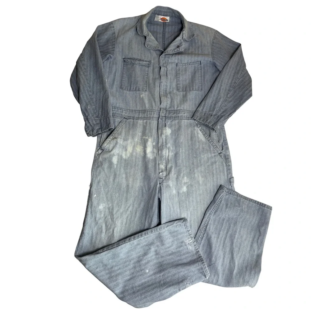 Vintage Dickies Coveralls Faded Blue Herringbone Twill Workwear Jumpsuit Cotton